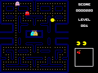 Pac-Man mid-game on the TI-84 Plus CE, an assembly game, with the ghosts out and a score on the board
