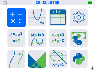The TI-84 Evo home screen: a grid of app icons with CALCULATOR highlighted