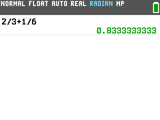 The TI-84 Evo calculation screen showing 2/3+1/6 with the answer 0.8333333333 in green
