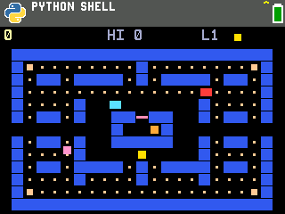 Pac-Man running on the TI-84 Evo as a Python program, maze drawn, READY! on screen