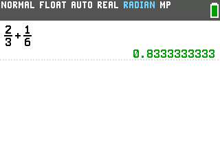 The same TI-84 Evo screen after one press of the toggle key, with the answer shown as 0.8333333333