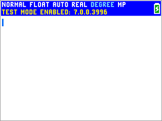 The TI-84 Evo home screen with a blue TEST MODE ENABLED bar across the top