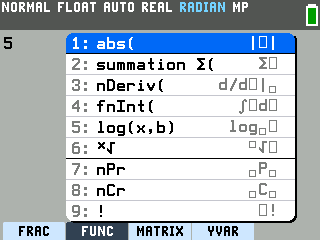 The TI-84 Evo FUNC shortcut menu, opened with alpha and window, showing the factorial as item 9