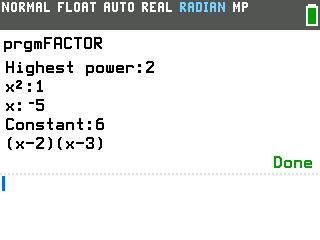 Factoring Polynomials program on a TI-84 Evo
