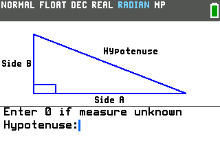 Right triangle solver on the TI-84 Evo showing a labelled triangle above the prompt Hypotenuse