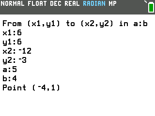 Section formula on the TI-84 Evo: from (6,6) to (-12,-3) in the ratio 5:4 gives Point (-4,1)