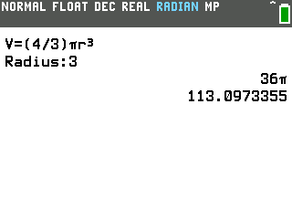 Sphere volume on the TI-84 Evo: radius 3 gives 36 pi and 113.0973355