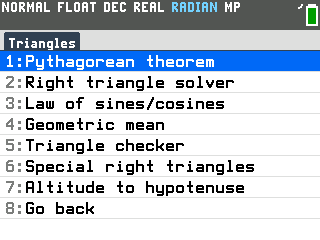 Triangles menu on the TI-84 Evo listing Pythagorean theorem, Right triangle solver, Law of sines/cosines and four more tools