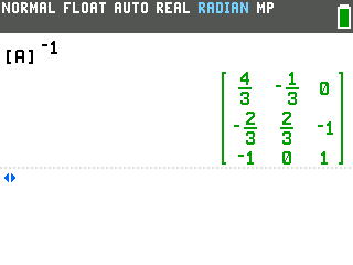 The TI-84 Evo showing [A] to the negative 1 as a 3 by 3 matrix of fractions