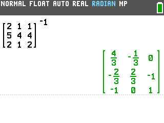 The TI-84 Evo showing the inverse as fractions: 4/3, -1/3, 0; -2/3, 2/3, -1; -1, 0, 1