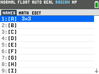 The TI-84 Evo matrix menu on the NAMES tab with matrix A listed as 3x3