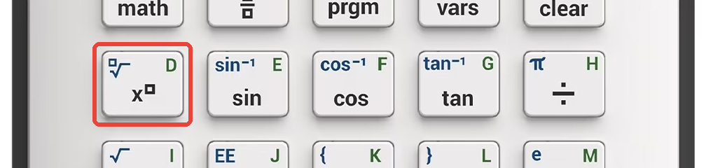 TI-84 Evo keyboard with the power key highlighted, just above the x squared key