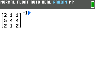 The 3 by 3 matrix on the TI-84 Evo home screen with an exponent of negative 1