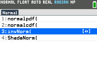 The Normal menu on the TI-84 Evo with 3: invNorm( highlighted, below normalpdf( and normalcdf(