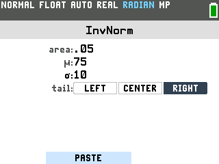 The InvNorm setup screen with area .05, mu 75, sigma 10 and tail RIGHT selected
