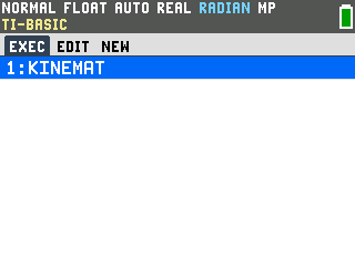 TI-84 Evo TI-Basic program list showing 1: KINEMAT