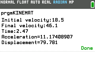 Kinematics Solver program on a TI-84 Evo