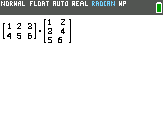 Both matrices typed on one line on the TI-84 Evo home screen, a 2 by 3 times a 3 by 2