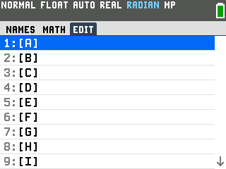 The TI-84 Evo matrix menu on the EDIT tab, listing matrices A through J