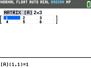 The TI-84 Evo matrix editor showing matrix A as a 2 by 3 with entries 1 through 6