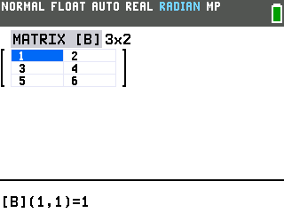 The TI-84 Evo matrix editor showing matrix B as a 3 by 2 with entries 1 through 6