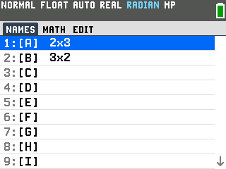 The TI-84 Evo matrix menu's NAMES tab listing matrix A as 2 by 3 and matrix B as 3 by 2