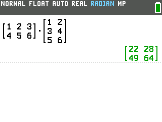 The TI-84 Evo showing the product of the two matrices: a 2 by 2 with entries 22, 28, 49, 64
