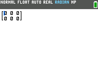 An empty 2 by 3 matrix template on the TI-84 Evo home screen with a box for each entry