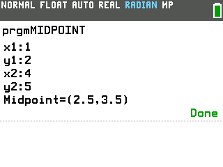 Midpoint Formula program on the TI-84 Evo showing Midpoint=(2.5,3.5) for the points 1, 2 and 4, 5