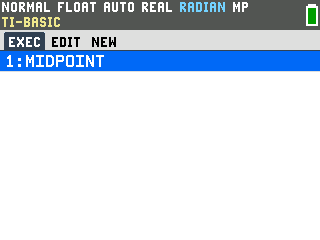 TI-84 Evo TI-Basic program list showing 1: MIDPOINT