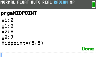 Midpoint Formula program on a TI-84 Evo