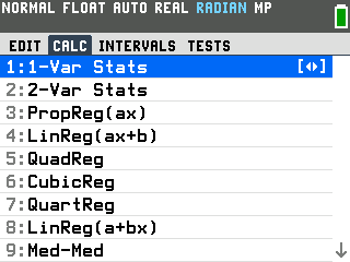 The STAT CALC menu on the TI-84 Evo with 1: 1-Var Stats highlighted