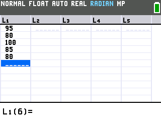 Five test scores entered in column L1 of the TI-84 Evo list editor: 95, 80, 100, 85, 80