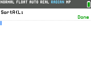 SortA(L1) entered on the TI-84 Evo home screen, returning Done