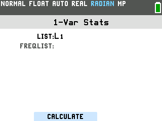The 1-Var Stats setup screen on the TI-84 Evo showing LIST set to L1 and the CALCULATE button
