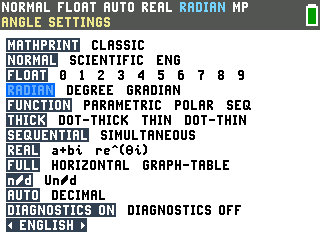 The TI-84 Evo mode menu with the angle settings row showing RADIAN, DEGREE, and GRADIAN
