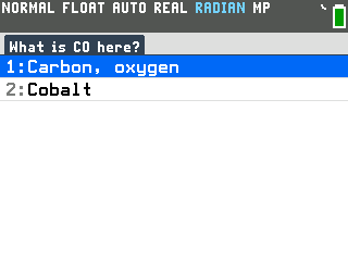Molar mass program on the TI-84 Evo asking What is CO here? with Carbon, oxygen and Cobalt