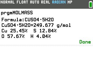 Molar mass program on the TI-84 Evo showing CuSO4·5H2O=249.677 g/mol, Cu 25.45%, S 12.84%, O 57.67%, H 4.04%
