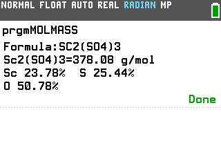 Molar mass program on the TI-84 Evo showing Sc2(SO4)3=378.08 g/mol, Sc 23.78%, S 25.44%, O 50.78%