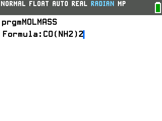 Molar mass program on the TI-84 Evo with CO(NH2)2 typed after Formula: