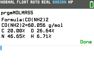 Molar Mass Calculator program on a TI-84 Evo