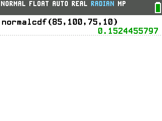 The TI-84 Evo home screen showing normalcdf(85,100,75,10) equals 0.1524455797