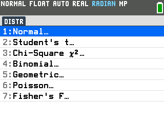 The TI-84 Evo DISTR menu with 1: Normal highlighted, above Student's t, Chi-Square, Binomial, Geometric, Poisson and Fisher's F