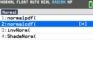The Normal menu on the TI-84 Evo with 2: normalcdf( highlighted, between normalpdf( and invNorm(