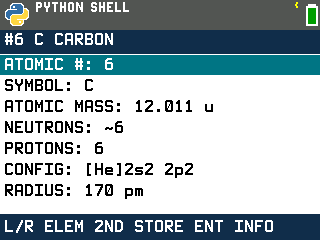 Carbon's details on the TI-84 Evo: atomic mass 12.011 u, electron configuration [He]2s2 2p2, radius 170 pm