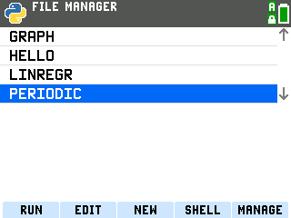TI-84 Evo Python App file manager with PERIODIC highlighted