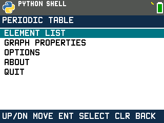 Periodic Table menu on the TI-84 Evo: Element list, Graph properties, Options, About, Quit