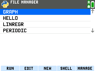 TI-84 Evo Python App file manager listing GRAPH, HELLO, LINREGR and PERIODIC