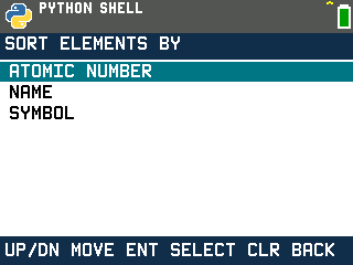 Sort elements by atomic number, name or symbol