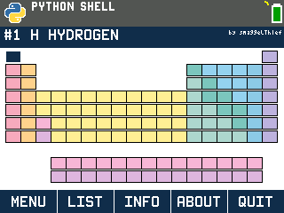 Periodic Table program on the TI-84 Evo showing the full table with #1 H Hydrogen selected